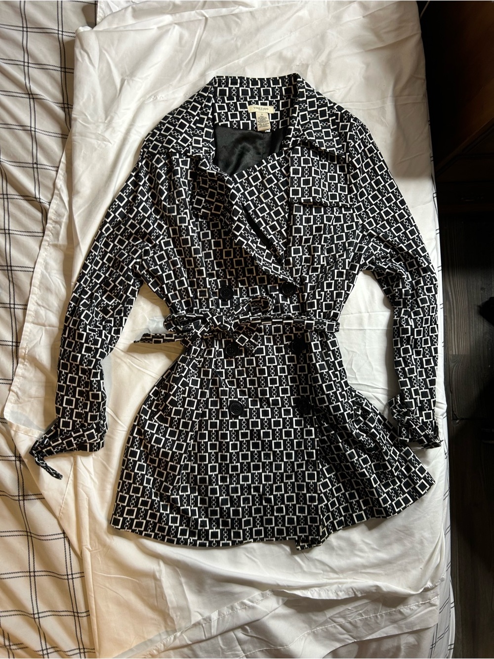 Vertigo Paris Black & White Geometric Belted Trench Coat